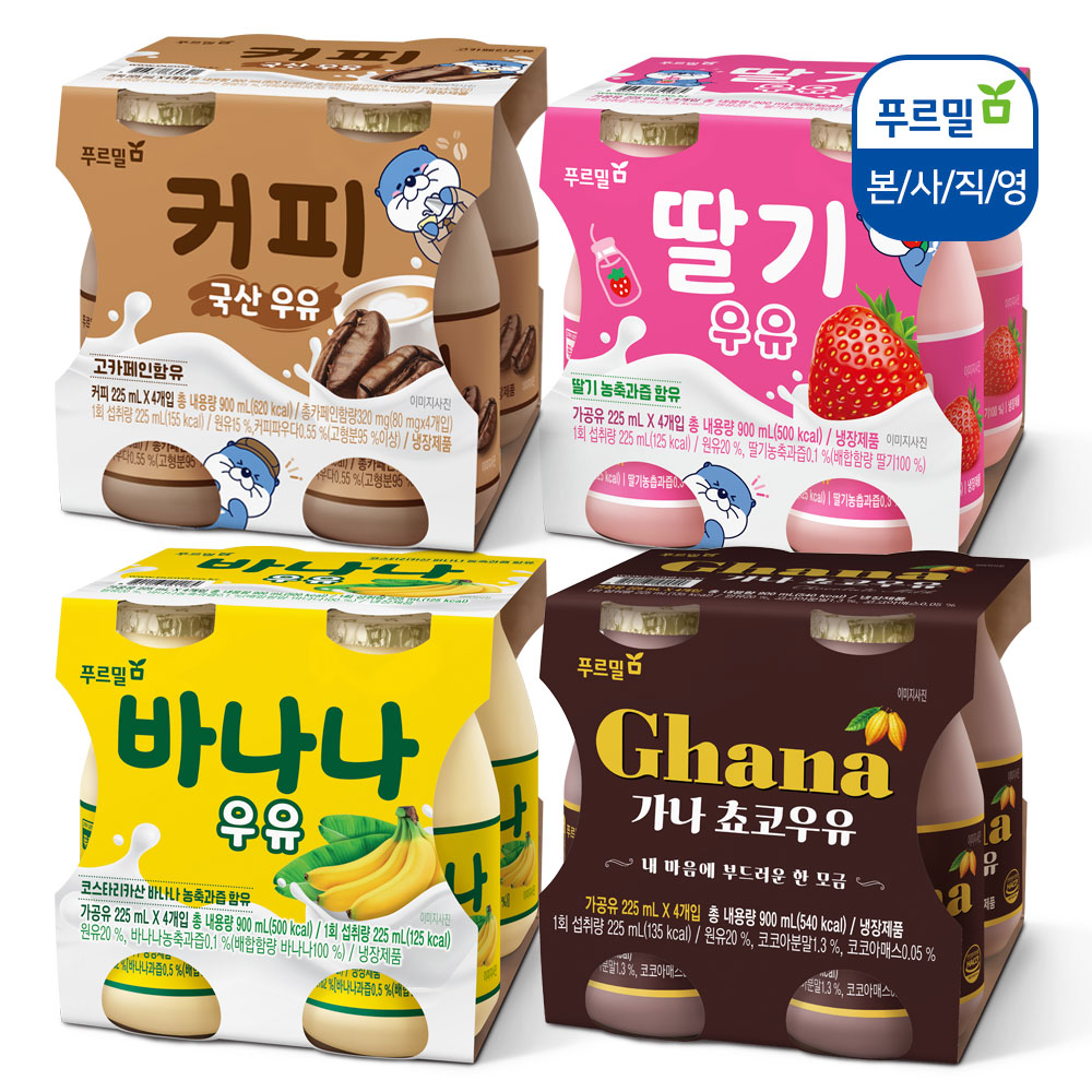 [푸르밀] 가공유 225ml 4종(초코/바나나/딸기/커피) 24개 골라담기